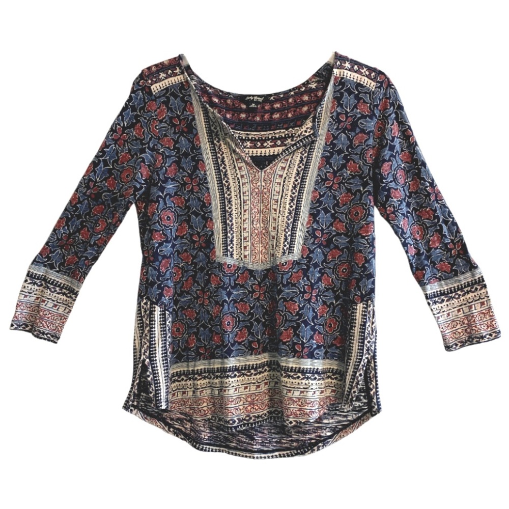 Lucky Brand Long Sleeve Floral Boho Brocade Print Top
